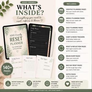 The image is an advertisement for a "ADHD-Friendly Reset Planner" that includes various planning tools and resources to help individuals manage their ADHD symptoms and improve their daily lives.
