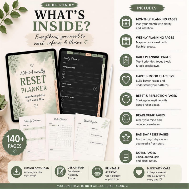 The image is an advertisement for a "ADHD-Friendly Reset Planner" that includes various planning tools and resources to help individuals manage their ADHD symptoms and improve their daily lives.