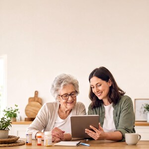 An older woman and a younger woman are sitting at a kitchen table, looking at a tablet computer together.