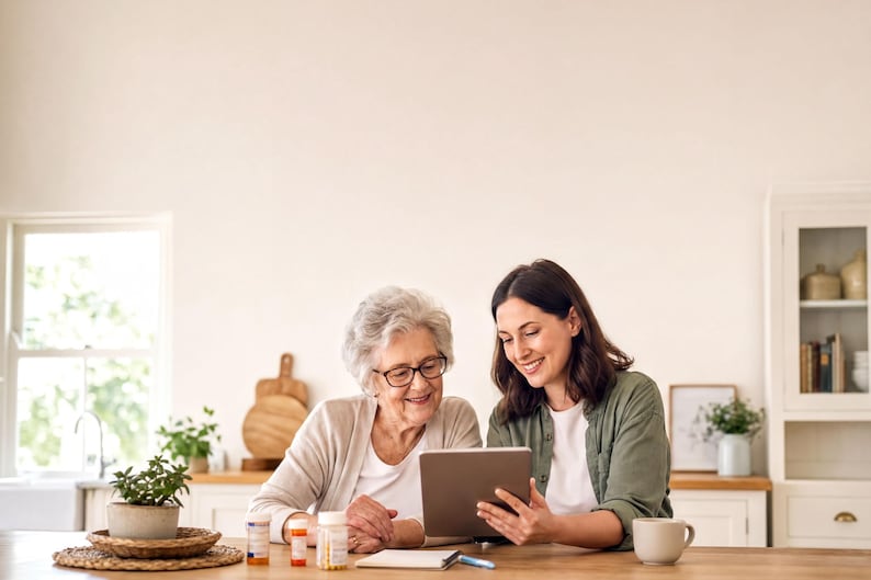 An older woman and a younger woman are sitting at a kitchen table, looking at a tablet computer together.