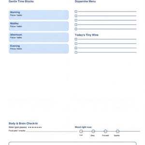 The image is a daily focus form for someone with ADHD, which includes a section for tracking energy levels and a section for tracking daily activities.