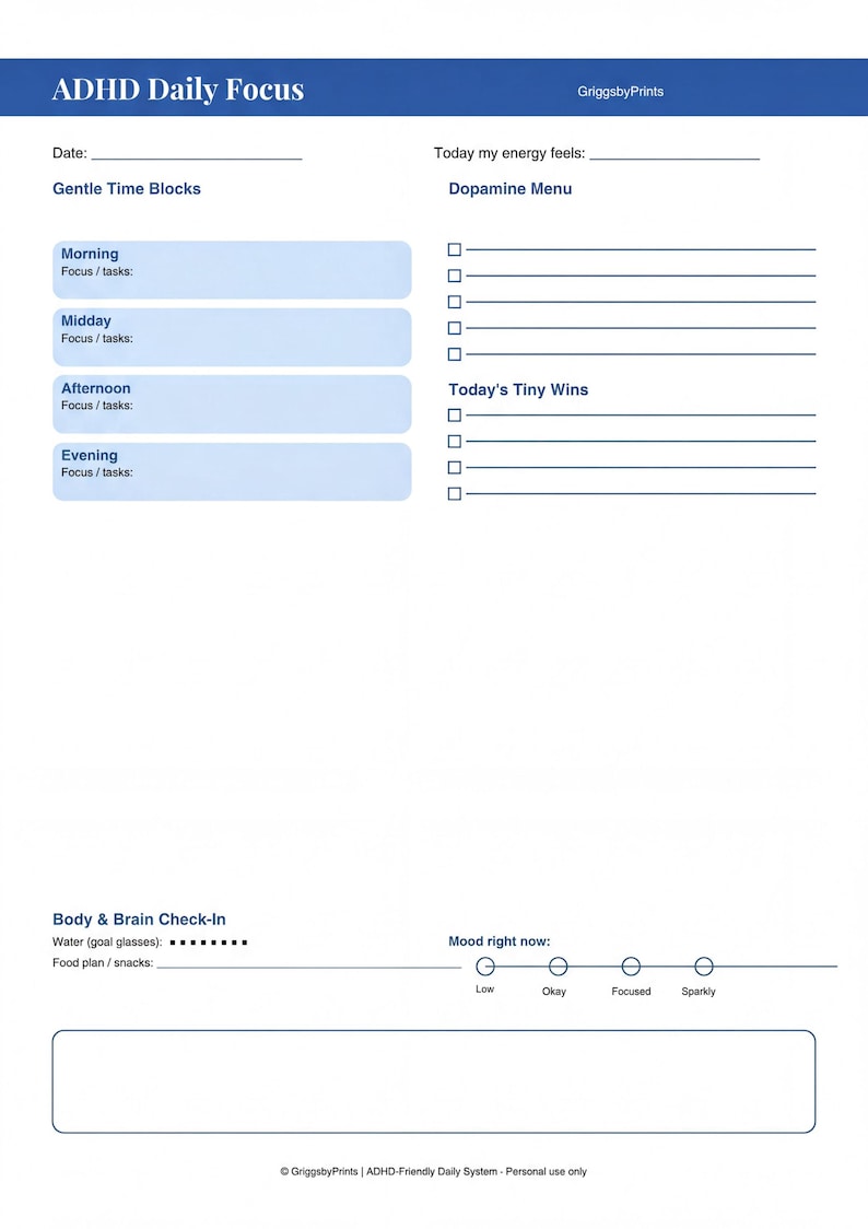 The image is a daily focus form for someone with ADHD, which includes a section for tracking energy levels and a section for tracking daily activities.