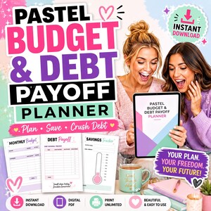 The image is an advertisement for a budget and debt payoff planner, featuring two women excitedly discussing the plan. The background includes various budgeting tools and a colorful, playful design.