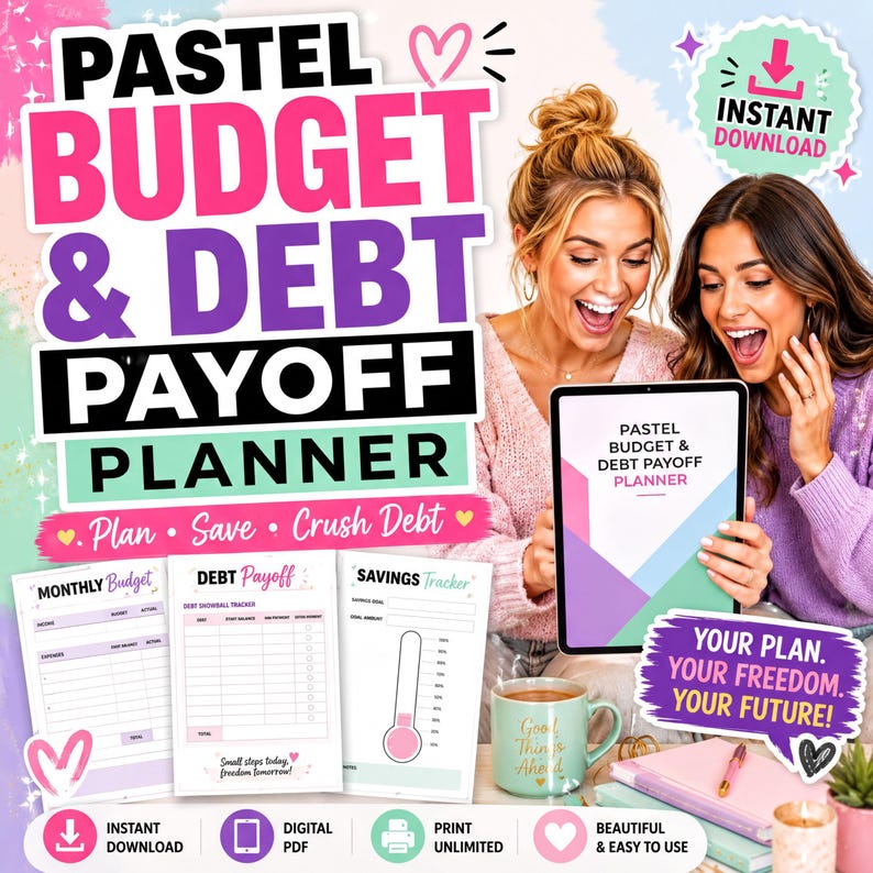 The image is an advertisement for a budget and debt payoff planner, featuring two women excitedly discussing the plan. The background includes various budgeting tools and a colorful, playful design.