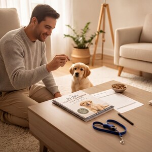A man is kneeling on the floor and feeding a small golden retriever dog in a cozy living room setting.