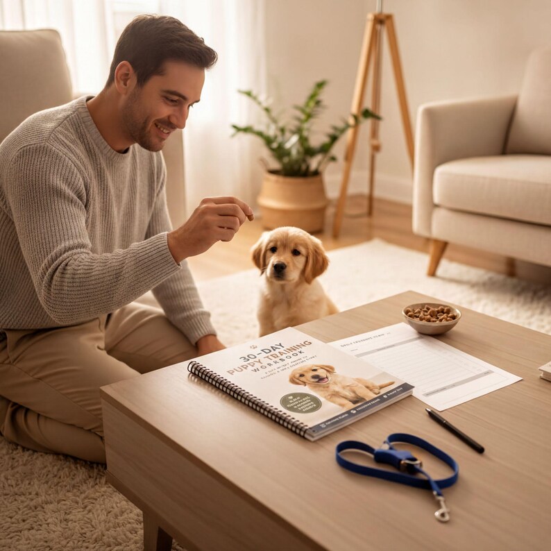 A man is kneeling on the floor and feeding a small golden retriever dog in a cozy living room setting.
