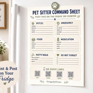 a pet sitter command sheet hanging on a refrigerator, providing instructions for pet owners.