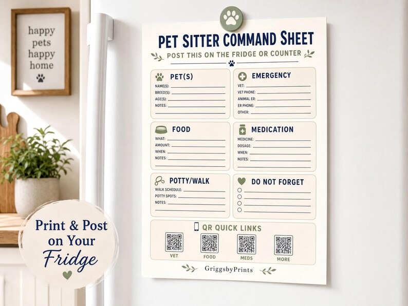 a pet sitter command sheet hanging on a refrigerator, providing instructions for pet owners.