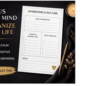 a black background with a white paper displaying a daily affirmation and self-care plan, accompanied by a candle and some decorative elements.