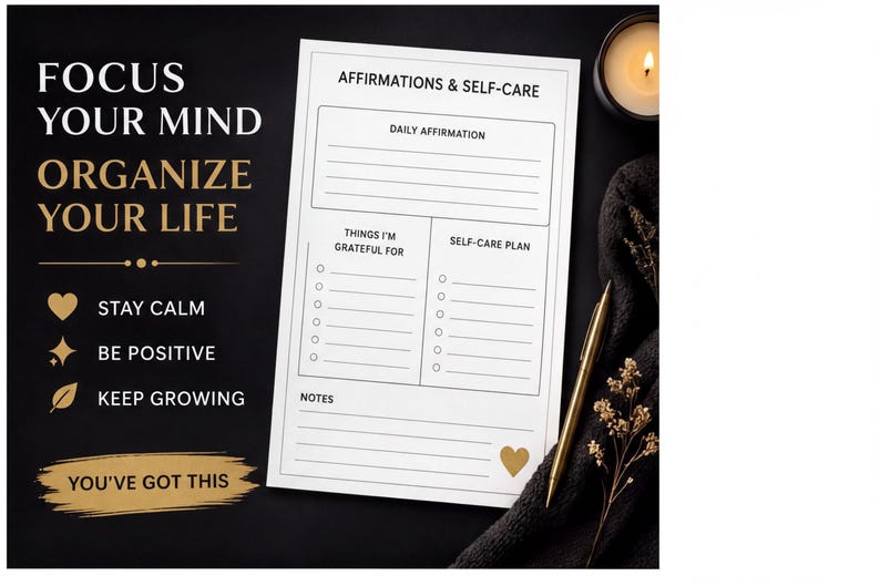 a black background with a white paper displaying a daily affirmation and self-care plan, accompanied by a candle and some decorative elements.