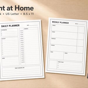 two planners on a wooden surface, one for daily planning and the other for weekly planning. The planners appear to be in US Letter format, with a total of 11 pages.