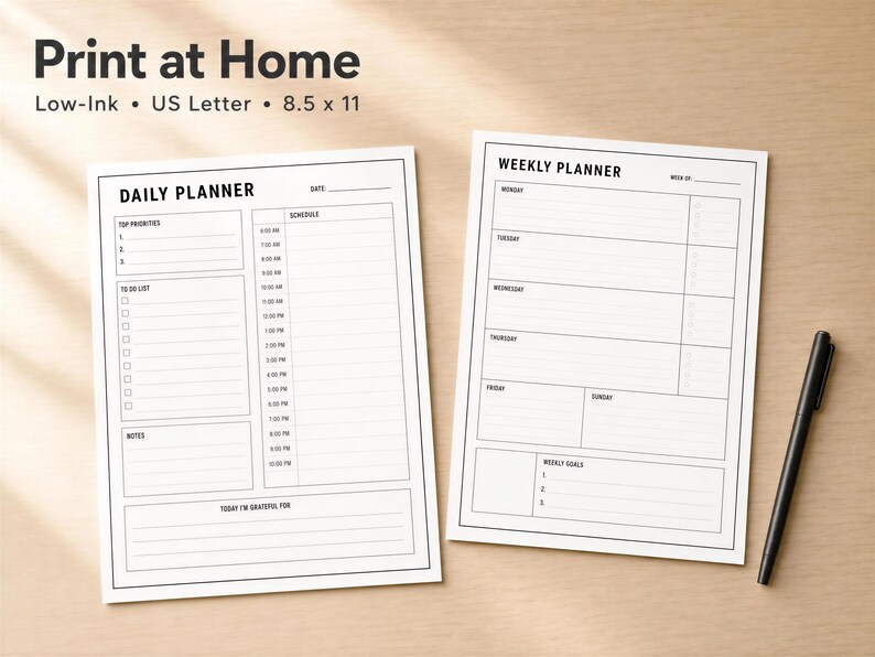 two planners on a wooden surface, one for daily planning and the other for weekly planning. The planners appear to be in US Letter format, with a total of 11 pages.