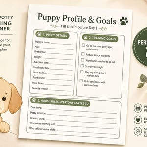 The image is a printed puppy training planner featuring a cute cartoon dog. The planner includes a section for puppy profile and goals, with a list of training objectives such as going to the same potty spot consistently, reducing indoor accidents, and staying dry during short walks. The layout is organized with a header, footer, and a section for filling in the puppy's details. The image also includes a heart symbol and a plant, adding a personal touch to the design.