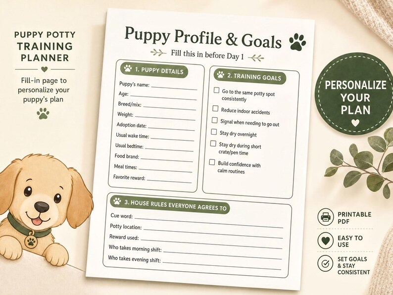 The image is a printed puppy training planner featuring a cute cartoon dog. The planner includes a section for puppy profile and goals, with a list of training objectives such as going to the same potty spot consistently, reducing indoor accidents, and staying dry during short walks. The layout is organized with a header, footer, and a section for filling in the puppy's details. The image also includes a heart symbol and a plant, adding a personal touch to the design.