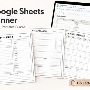a Google Sheets Planner bundle, which includes a digital and printable daily planner, a weekly planner, and a monthly calendar. The planners are designed to help users manage their time and tasks effectively.