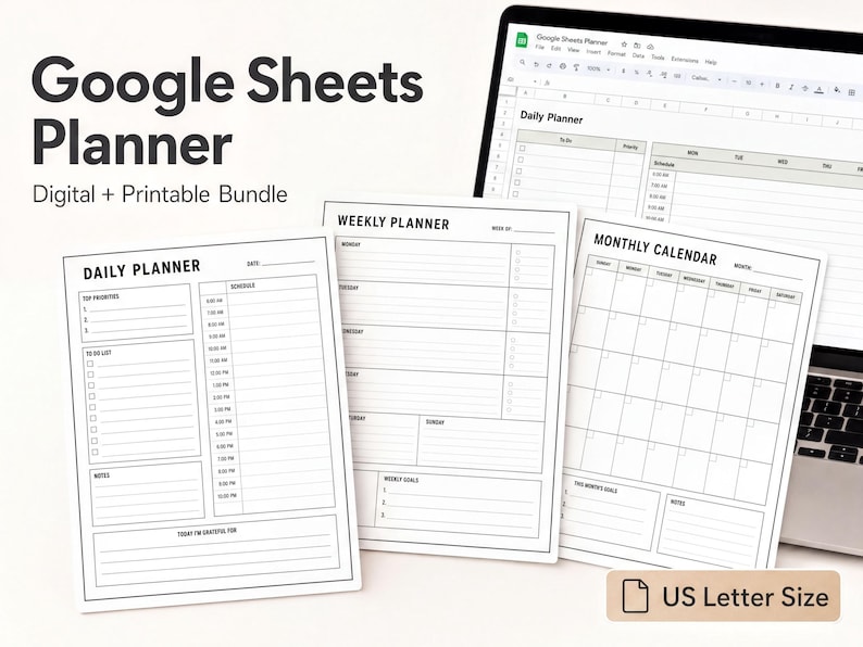 a Google Sheets Planner bundle, which includes a digital and printable daily planner, a weekly planner, and a monthly calendar. The planners are designed to help users manage their time and tasks effectively.