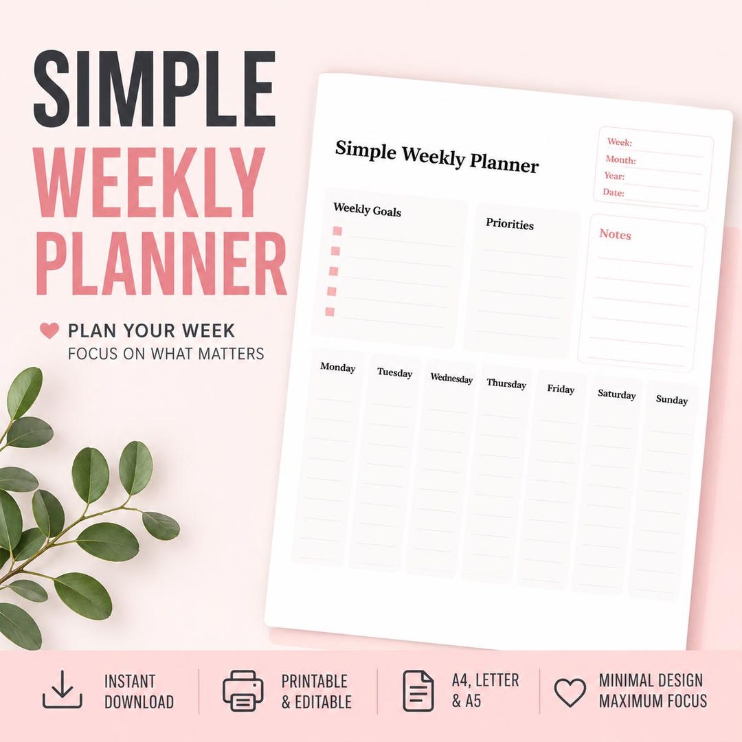 Minimalist Weekly Planner Printable Black and White Instant Download - Etsy