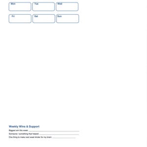 The image is a weekly ADHD overview form that asks questions about the user's week at a glance. It includes a section for capacity and spoons, as well as a section for wins and support. The form is designed to provide a snapshot of the user's week, without providing detailed information about each day. The form is intended to be used as a starting point for a more comprehensive ADHD overview, which may include additional information about the user's daily routine and experiences.