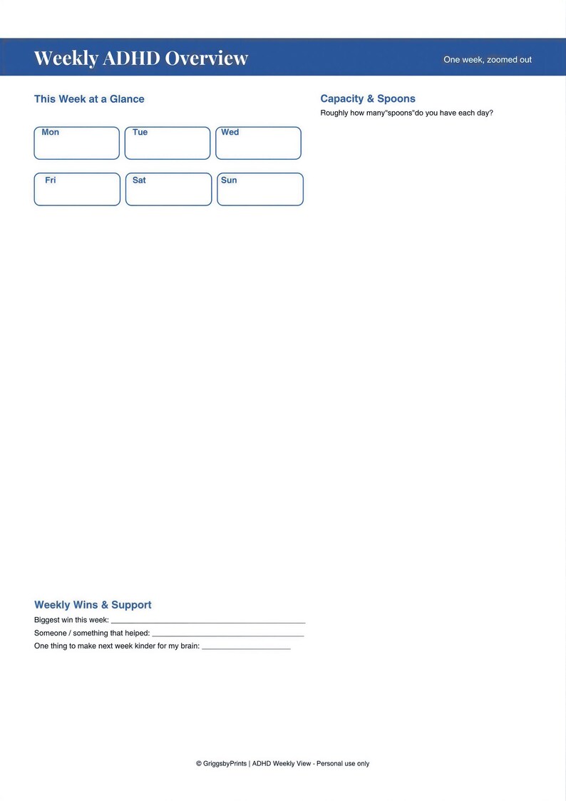 The image is a weekly ADHD overview form that asks questions about the user's week at a glance. It includes a section for capacity and spoons, as well as a section for wins and support. The form is designed to provide a snapshot of the user's week, without providing detailed information about each day. The form is intended to be used as a starting point for a more comprehensive ADHD overview, which may include additional information about the user's daily routine and experiences.