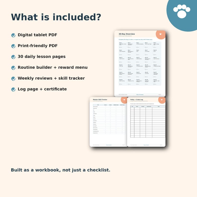 The image is a promotional image for a 30-day overview plan, which includes a digital tablet, print-friendly PDF, daily lesson pages, routine builder, reward menu, weekly reviews, skill tracker, log page, and certificate. The plan is designed to be built as a workbook, not just a checklist.
