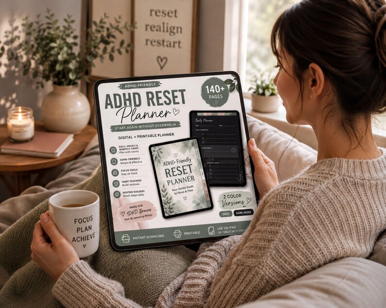 A woman is sitting on a couch, holding a tablet device and a coffee mug, with a potted plant and a candle in the background.