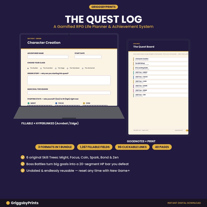 The image is a screenshot of a question log from a video game, specifically a character creation screen from the game GRIggsbyPrints.