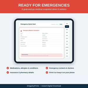 The image is a screenshot of a mobile application called "Emergency Quick Card" that provides a grab-and-go medical snapshot when it matters. The app allows users to input their medical information and emergency contacts, and provides critical instructions in case of a fall, heart attack, allergy, or other medical emergency. The app also offers options to print the information or keep it on the user's phone.