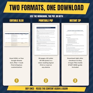 three different formats of a document, including a free Excel 2016+ or free Google Sheets Sort + Replace file, a printable PDF, and an instant zip. The text provides instructions on how to use these formats, including the option to print, print on any device, and download the content after checkout on Etsy.