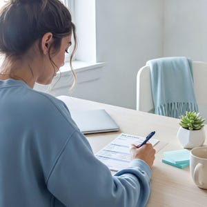 A woman in a blue sweater is sitting at a desk, writing on a piece of paper with a pen.