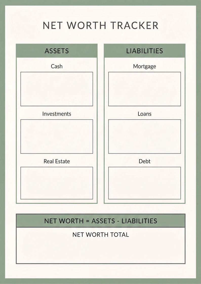 The image is a net worth tracker that helps individuals and businesses keep track of their assets, liabilities, and net worth. It provides a structured way to categorize and calculate the value of various assets and liabilities, such as cash, investments, real estate, and debt. The tracker is designed to help users understand their financial situation and make informed decisions about their financial goals and strategies.
