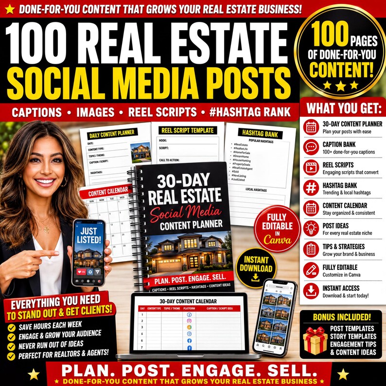 The image is an advertisement for a real estate content creator's guide, featuring a smiling woman holding a smartphone and various real estate-related elements such as captions, images, and a hashtag.