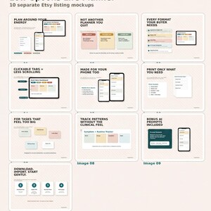 The image is a collection of 10 separate ETSY listing mockups, each with a unique layout and design. The mockups include various elements such as a life planner, a mobile device, and a tablet. The mockups showcase different color schemes, fonts, and layout styles, providing a diverse range of visual examples for potential users to choose from.