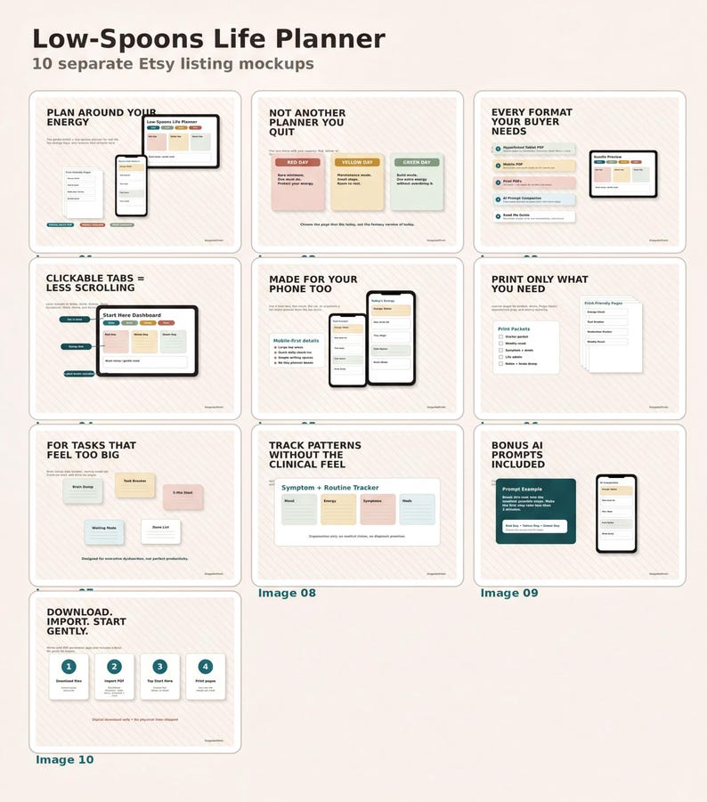 The image is a collection of 10 separate ETSY listing mockups, each with a unique layout and design. The mockups include various elements such as a life planner, a mobile device, and a tablet. The mockups showcase different color schemes, fonts, and layout styles, providing a diverse range of visual examples for potential users to choose from.