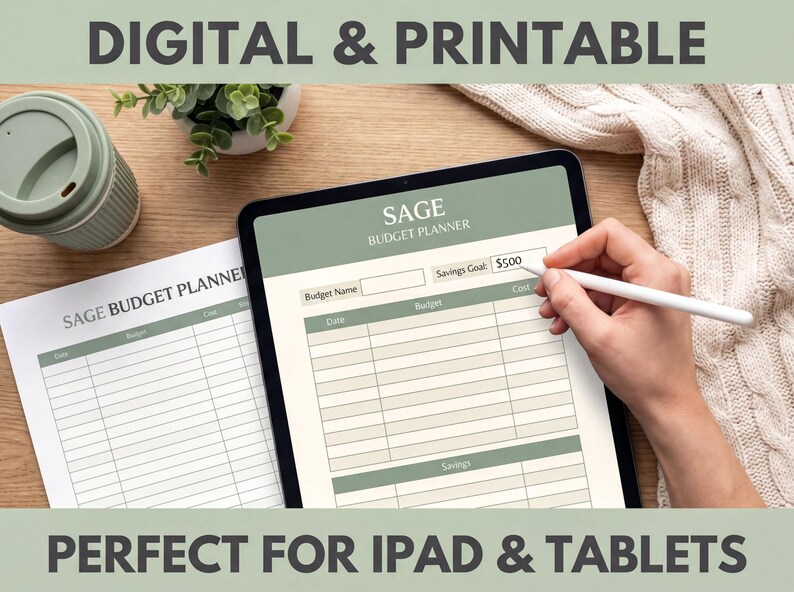 a person's hand using a stylus to write on a tablet displaying a budget planner, with a notebook and a coffee cup nearby.