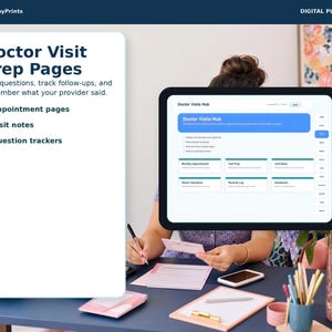 a person sitting at a desk with a computer monitor displaying a Doctor Visit Prep Page. The desk has various office supplies and a vase of flowers.