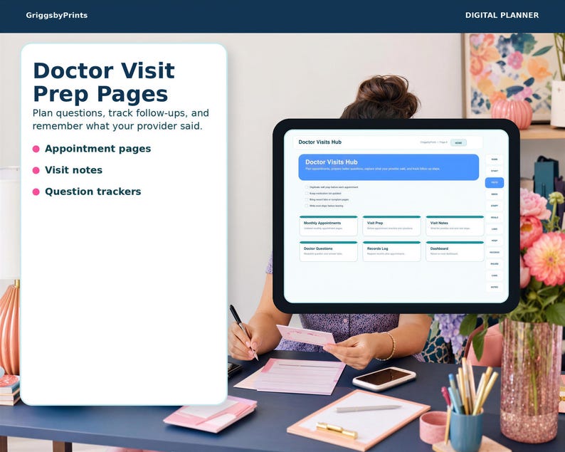 a person sitting at a desk with a computer monitor displaying a Doctor Visit Prep Page. The desk has various office supplies and a vase of flowers.