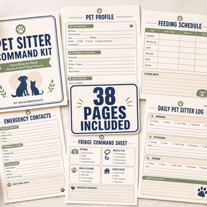 a collection of pet care-related items, including a book titled "PET SITTER COMMAND KIT" and various forms for recording pet care information.