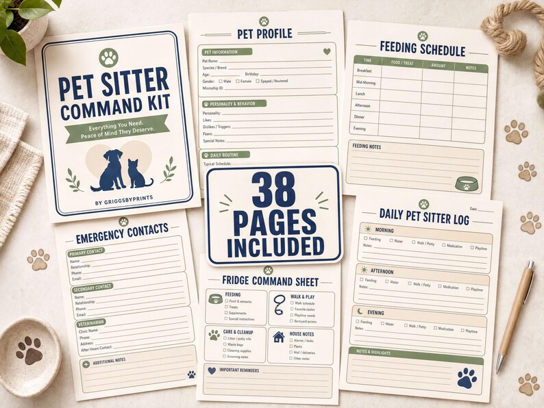 a collection of pet care-related items, including a book titled "PET SITTER COMMAND KIT" and various forms for recording pet care information.