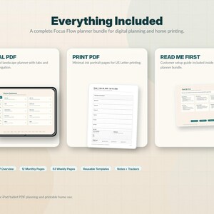 The image is a promotional graphic for a "Everything Included" focus flow planner bundle, which includes a digital planner with tabs and section navigation, a print PDF, and a READ ME FIRST with a minimal-ink portrait page for US Letter printing.