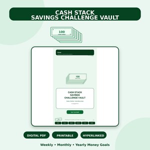 The image is a promotional graphic for a savings challenge vault, featuring a stack of 100 cash savings challenge cards and a green banner with the text "CASH STACK SAVINGS CHALLENGE Vault".