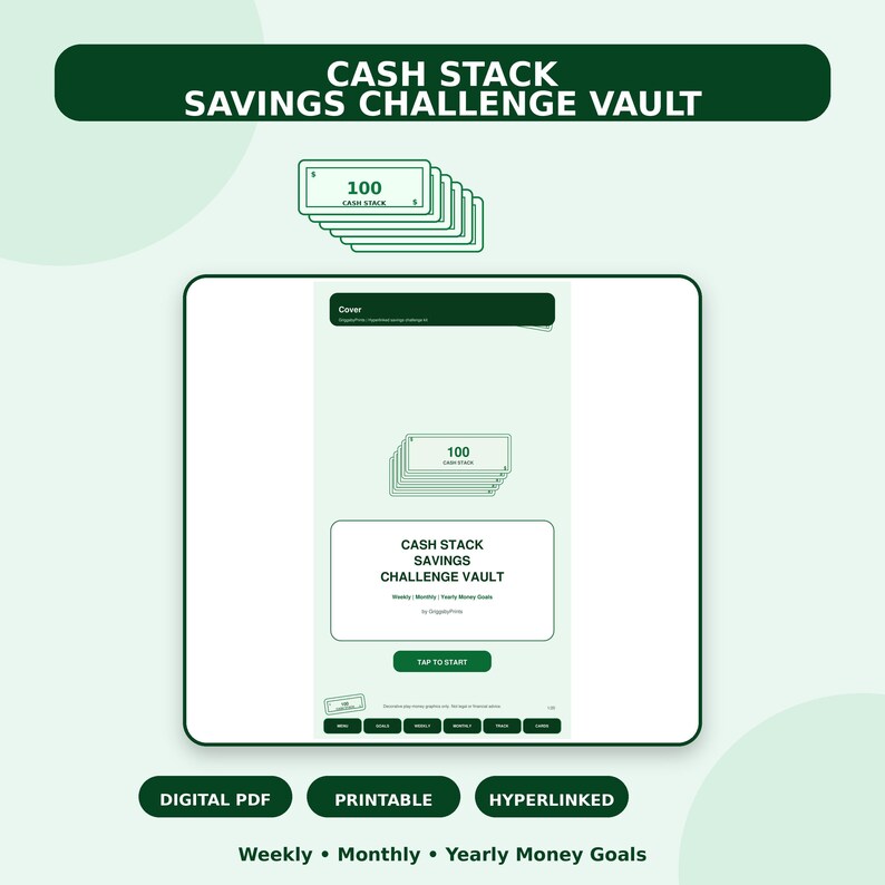 The image is a promotional graphic for a savings challenge vault, featuring a stack of 100 cash savings challenge cards and a green banner with the text "CASH STACK SAVINGS CHALLENGE Vault".