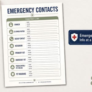 a printed emergency contact list form with various contact information fields, including names, phone numbers, and notes. The form is placed next to a blue emergency information card with a paw print and the text "Emergency Info at a Glance".
