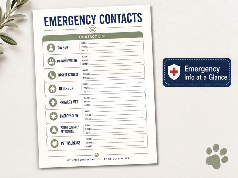 a printed emergency contact list form with various contact information fields, including names, phone numbers, and notes. The form is placed next to a blue emergency information card with a paw print and the text "Emergency Info at a Glance".