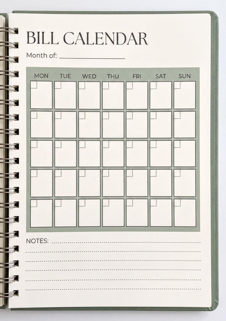 a spiral-bound notebook with a bill calendar page on the front cover. The calendar page has a grid layout with days of the week listed at the top and blank spaces for entering bills and notes.