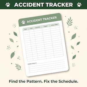 a blank accident tracker form with a paw print symbol, surrounded by leaves and dotted with paw prints. The text above the form reads "ACCIDENT TRACKER" and below the form, it says "Find the Pattern. Fix the Schedule."