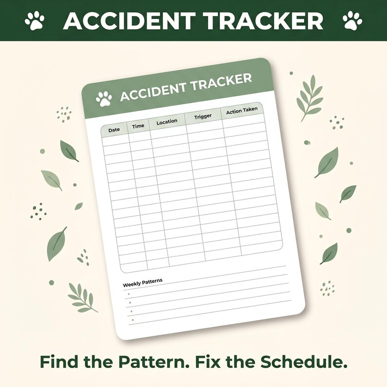 a blank accident tracker form with a paw print symbol, surrounded by leaves and dotted with paw prints. The text above the form reads "ACCIDENT TRACKER" and below the form, it says "Find the Pattern. Fix the Schedule."