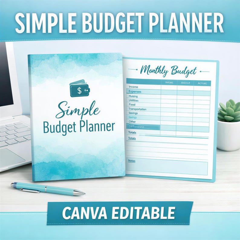 a "Simple Budget Planner" with a laptop, pen, and a plant on a desk. The cover of the book displays the title "Simple Budget Planner" and the subtitle "Monthly Budget". The cover also includes a list of categories such as "Income", "Expenses", "Units", "Transportation", "Other", and "Totals". The image is described as a "Canva editable" and includes the text "Simple Budget Planner" and "Monthly Budget".