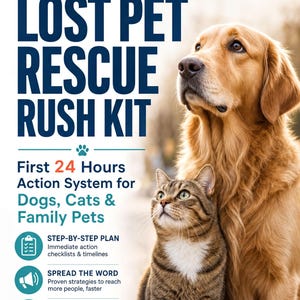 The image is an advertisement for a lost pet rescue rush kit, featuring a golden retriever and a cat. The kit is designed to help lost pets be brought home quickly, with a 24-hour action system for dogs, cats, and family pets.