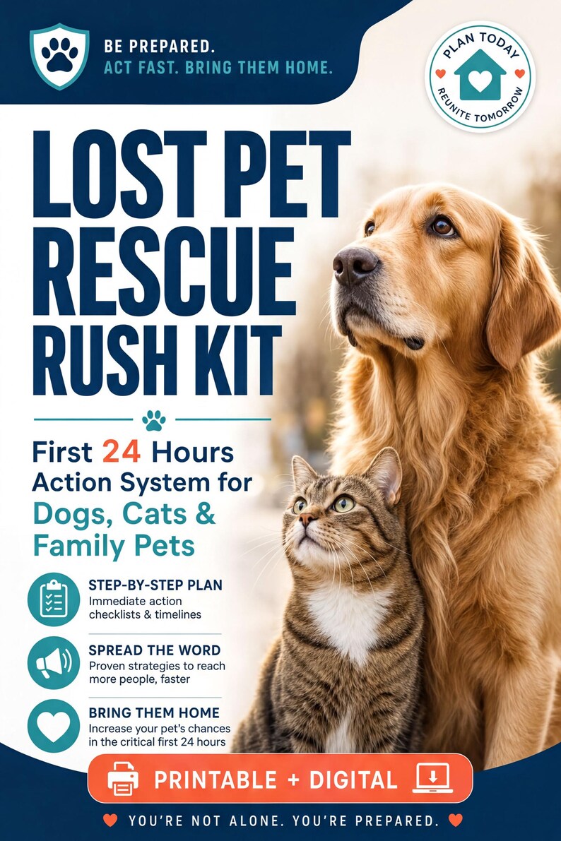 The image is an advertisement for a lost pet rescue rush kit, featuring a golden retriever and a cat. The kit is designed to help lost pets be brought home quickly, with a 24-hour action system for dogs, cats, and family pets.