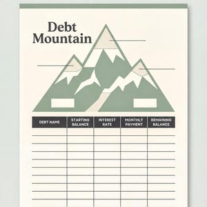 The image is a Debt Payoff Journey worksheet that outlines the steps and progress of paying off a debt. It features a mountain graphic and a grid layout with columns for Debt Name, Starting Balance, Interest Rate, Monthly Payment, and Remaining Balance.
